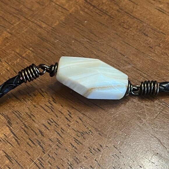 Braided Leather Necklace, Vintage White Agate, Men's Women's Layering Necklace - Picture 7 of 8